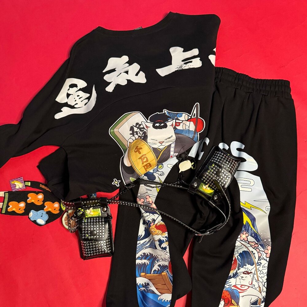 Unisex Streetwear Set – 3-Piece Upcycled Track Pants, Graphic Sweatshirt & Belt